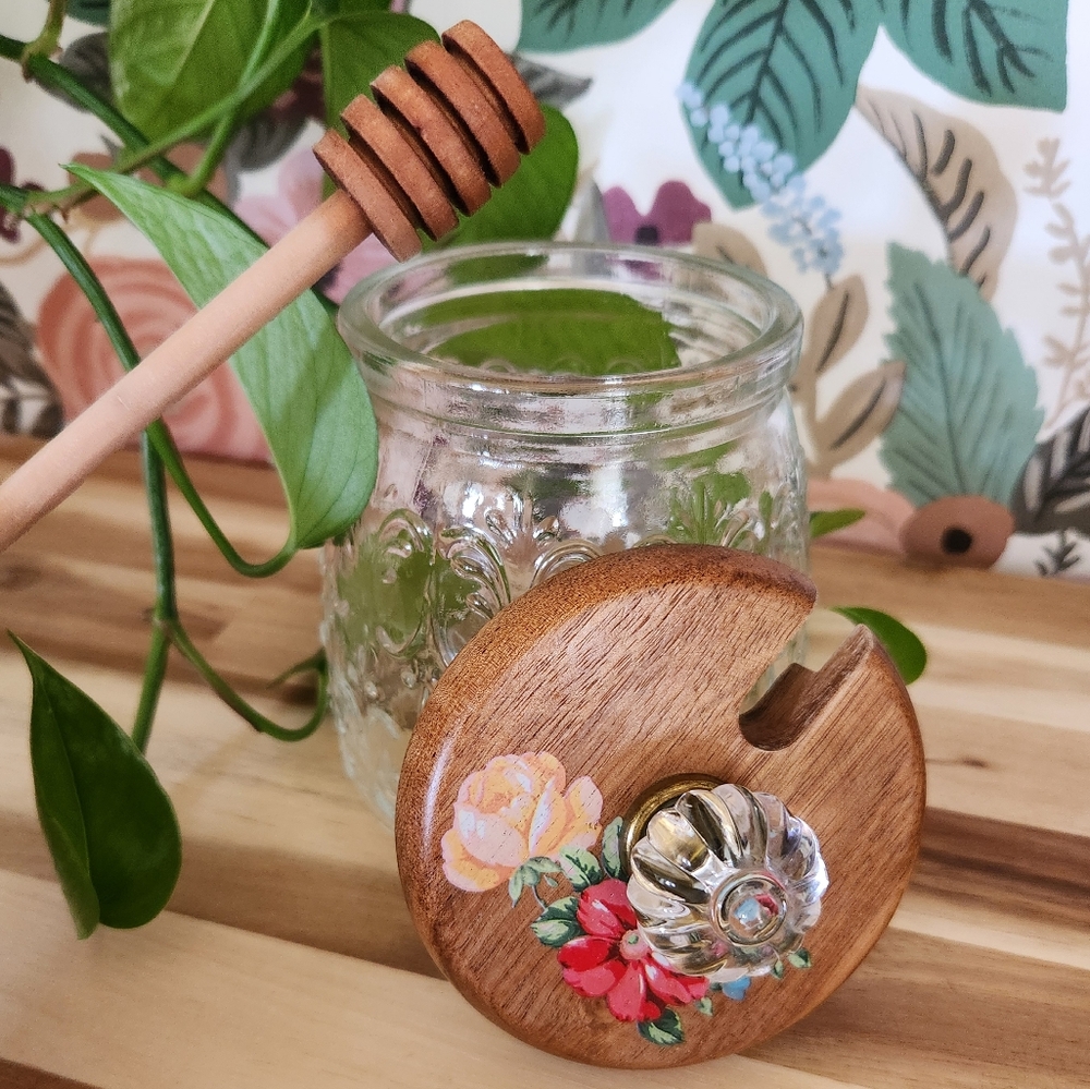 Vintage Pioneer Woman Wood and Glass Honey Pot / Jar